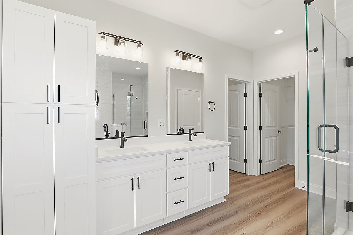 A Del Mar bathroom: a frameless glass shower beside a vanity