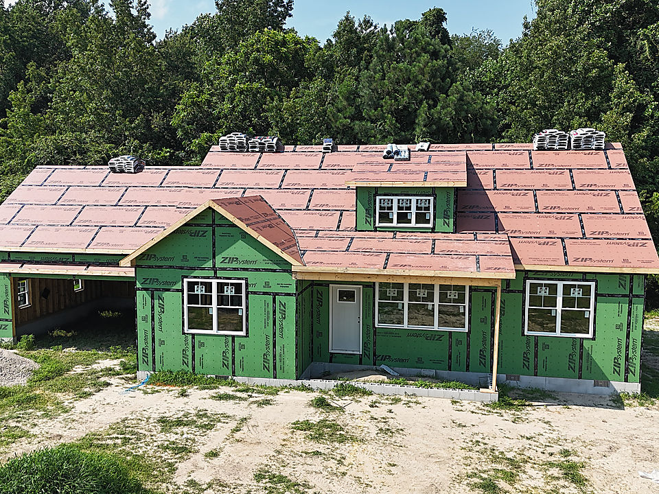 A new Del Mar home in Preston, framed and sheathed in green ZIP System panels, seen from above