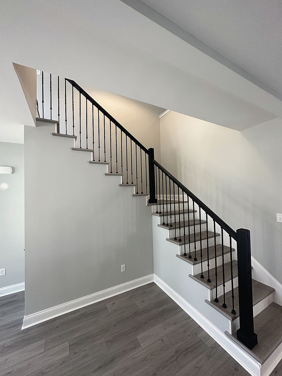 A modern farmhouse in St. Michaels: a stair with a black railing