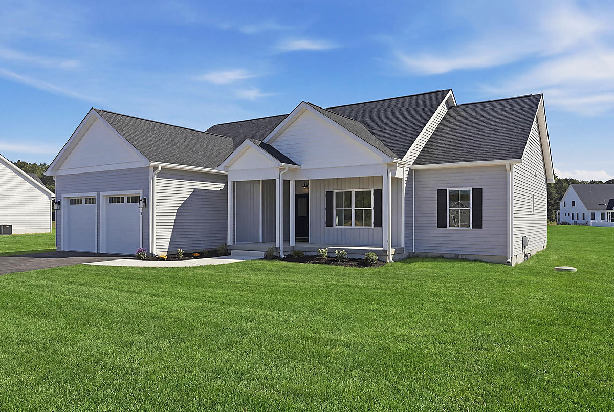 5 Seattle Slew Lane, Berlin: a single-level coastal rancher with gray siding, a covered front porch and a two-car garage