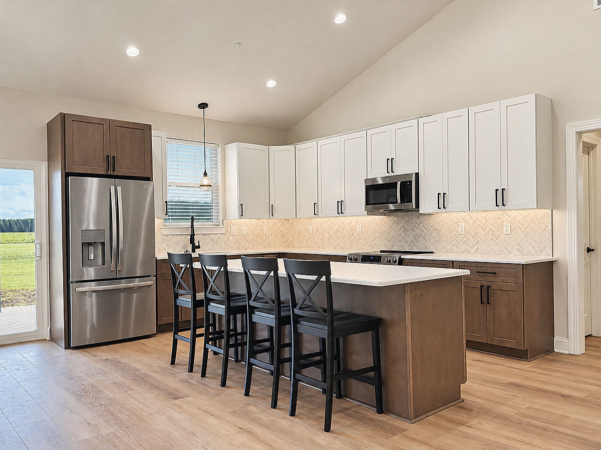 A Del Mar kitchen: wood cabinets with an island and bar stools