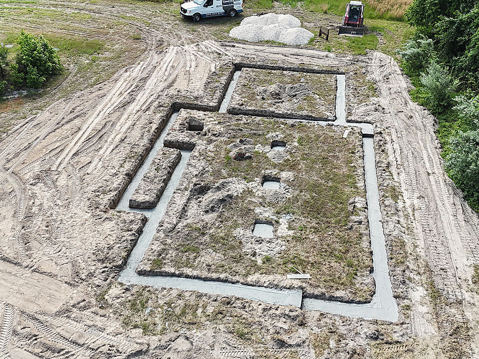 The footings and foundation of a Del Mar home in Preston, from above